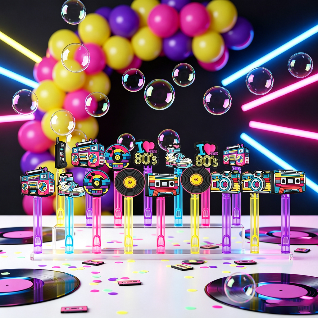 24 Pcs 80s Retro Bubble Wands – Nostalgic Party Favors | Goodie Bag Stuffers & Piñata Fillers for 80s Themed Birthdays & Retro Nights