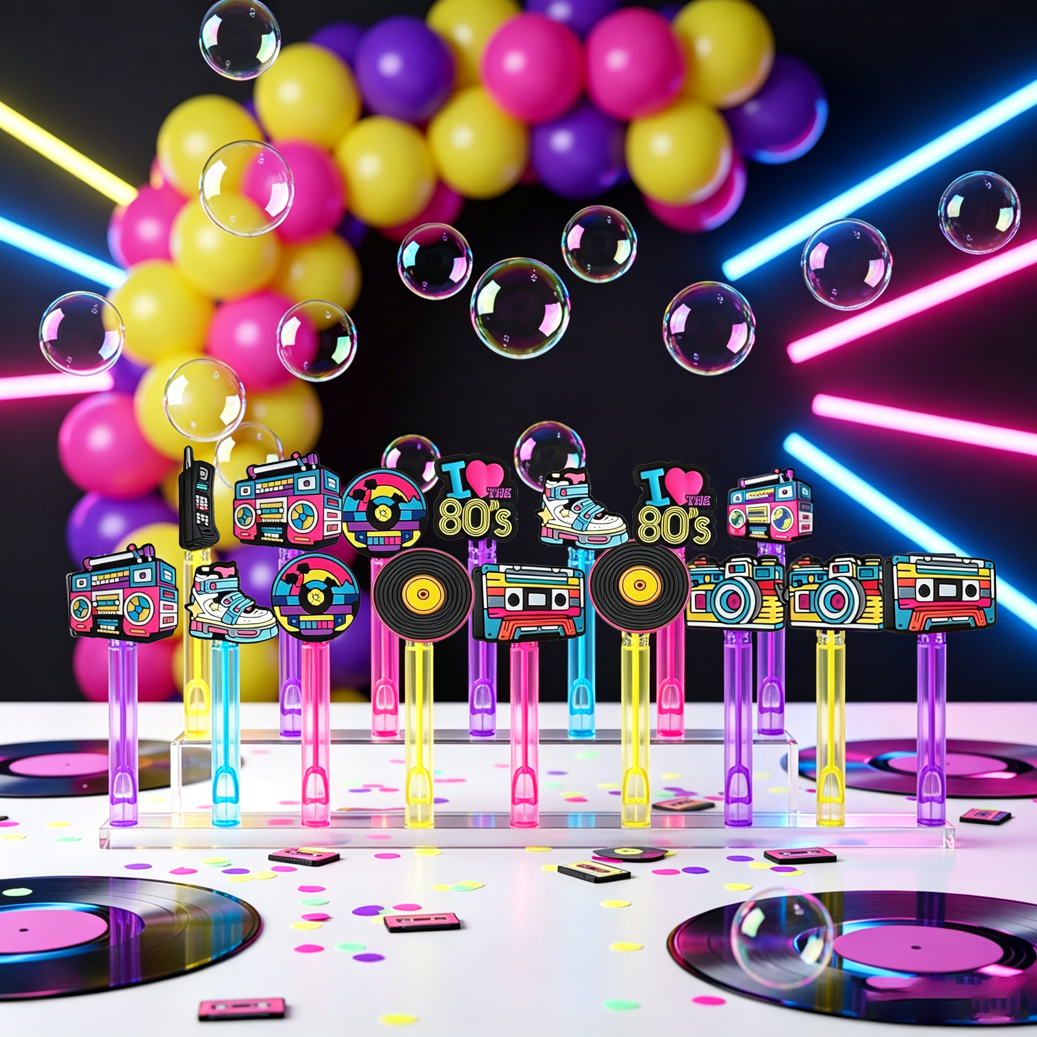 24 Pcs 80s Retro Bubble Wands – Nostalgic Party Favors | Goodie Bag Stuffers & Piñata Fillers for 80s Themed Birthdays & Retro Nights