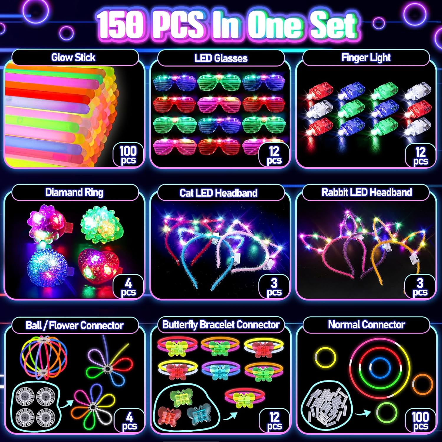 150 PCS Glow Party Supplies - Glow Sticks Glasses Headbands Rings for Kids & Adults