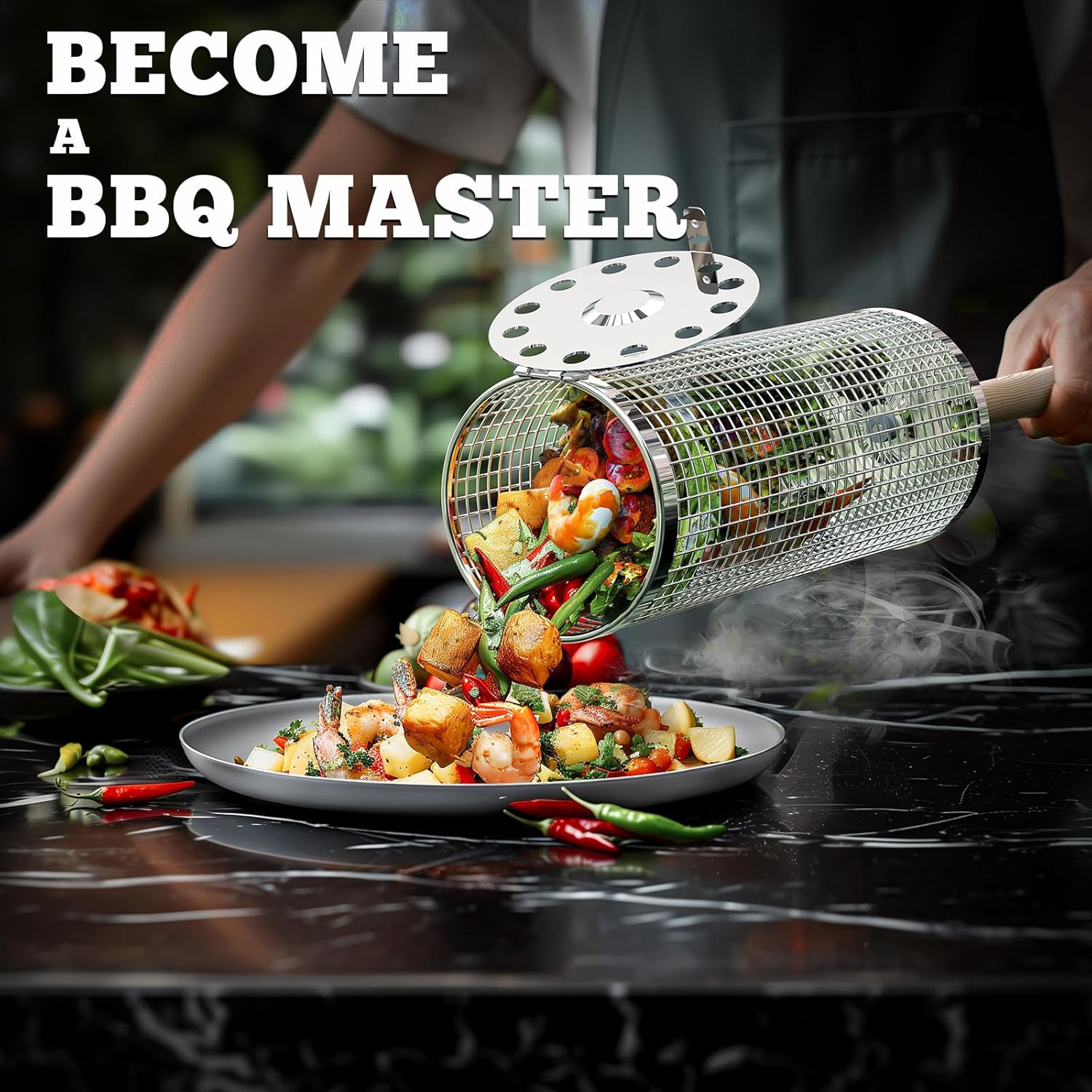 Rolling Grill Basket - Removable Wooden Handle 304 Stainless Steel BBQ Grilling Basket