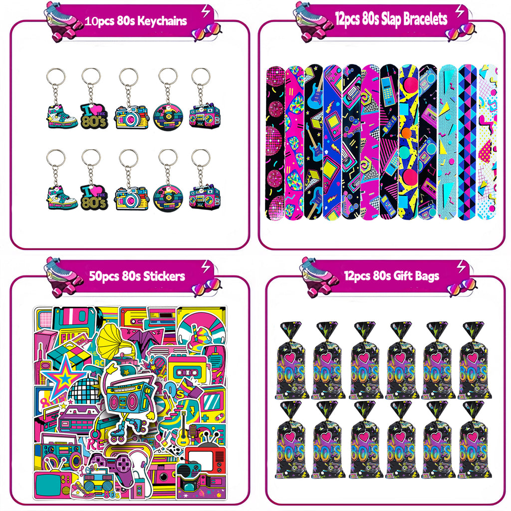80s Party Supplies - 84 Piece Retro Party Favors Set with Stickers, Goodie Bags, Slap Bracelets & Keychains