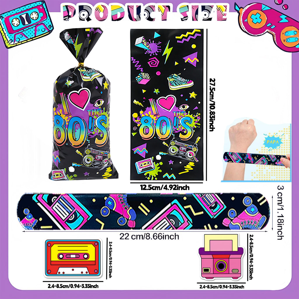 80s Party Supplies - 84 Piece Retro Party Favors Set with Stickers, Goodie Bags, Slap Bracelets & Keychains