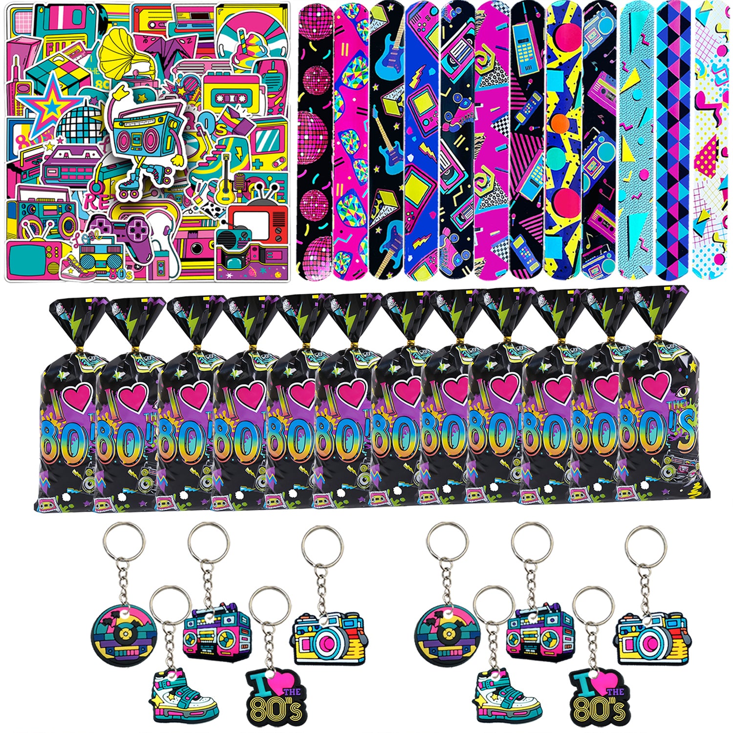 80s Party Supplies - 84 Piece Retro Party Favors Set with Stickers, Goodie Bags, Slap Bracelets & Keychains