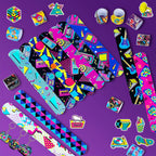 80s Party Supplies - 84 Piece Retro Party Favors Set with Stickers, Goodie Bags, Slap Bracelets & Keychains