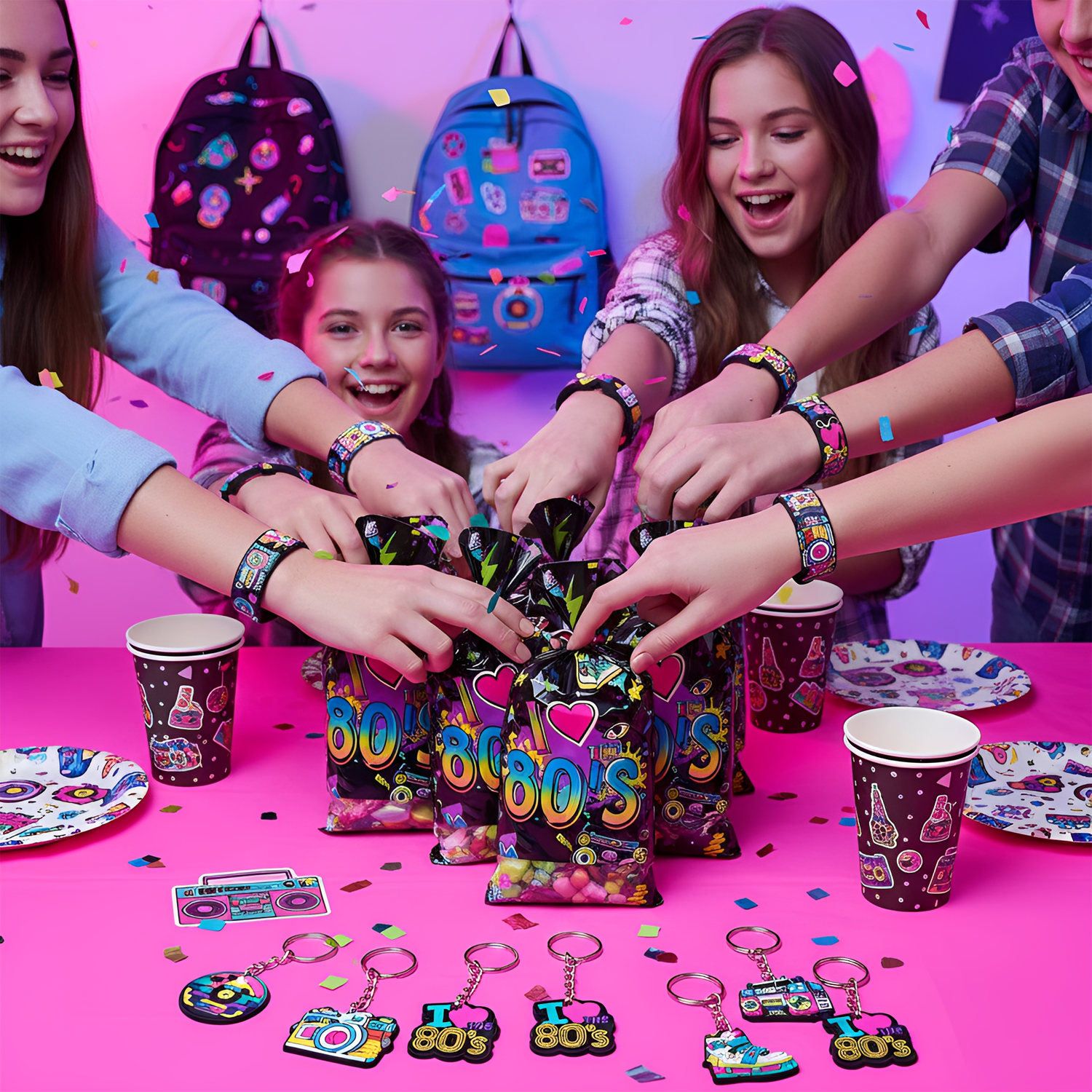 80s Party Supplies - 84 Piece Retro Party Favors Set with Stickers, Goodie Bags, Slap Bracelets & Keychains