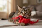 猫咪咬红色小鸟玩具特写