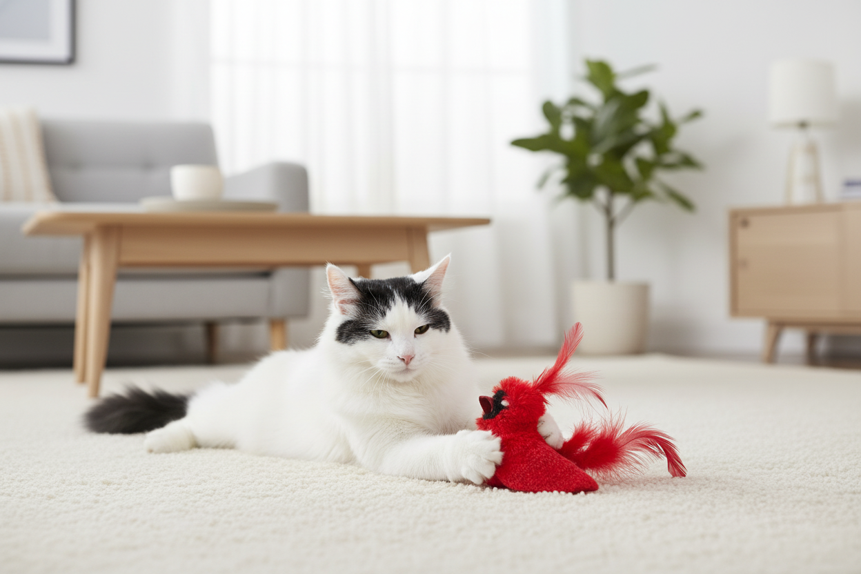 黑白猫玩红色小鸟玩具