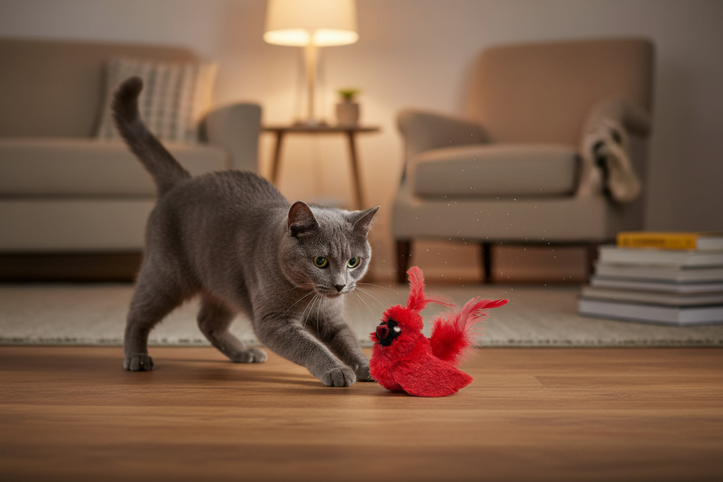 灰猫扑向红色小鸟玩具