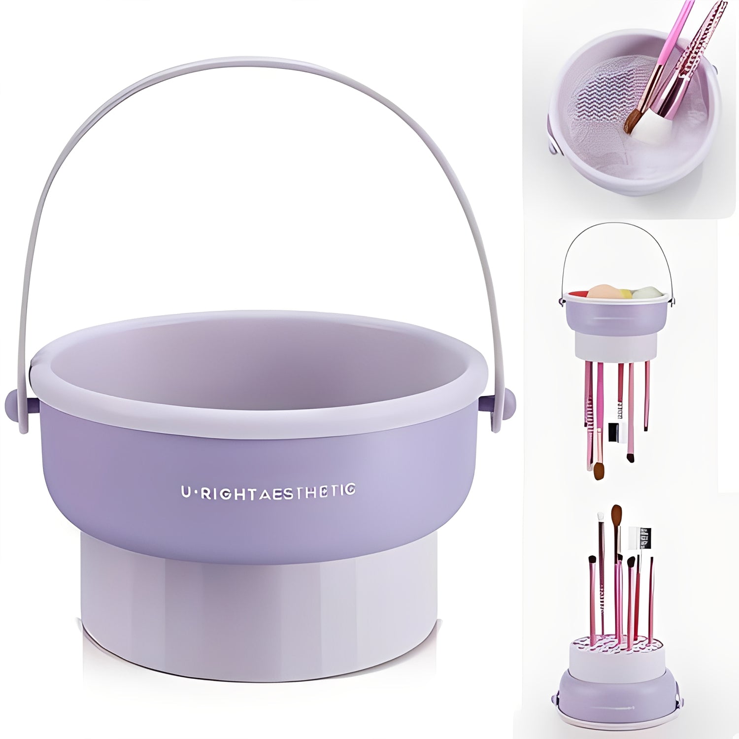 Makeup Brush Cleaner Mat 3 in 1 - Silicone Cleaning Bowl with Storage & Drying Organizer