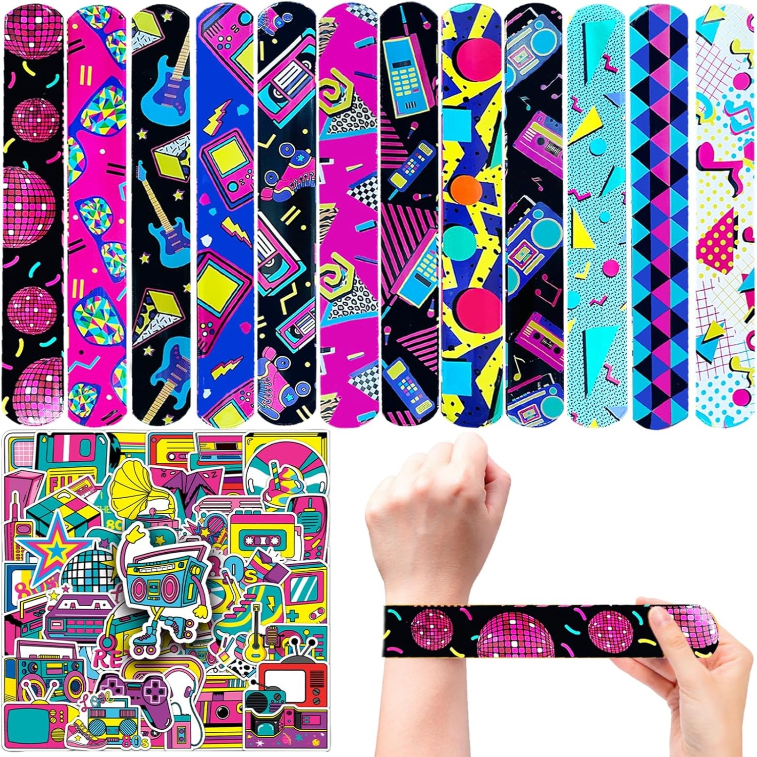 74Pcs 80s Theme Party Favors Contain 24 Pcs 80s Theme Slap Bracelets 50Pcs 80s Theme Stickers, Retro Birthday Party Decorations,Classroom Rewards Supplies.