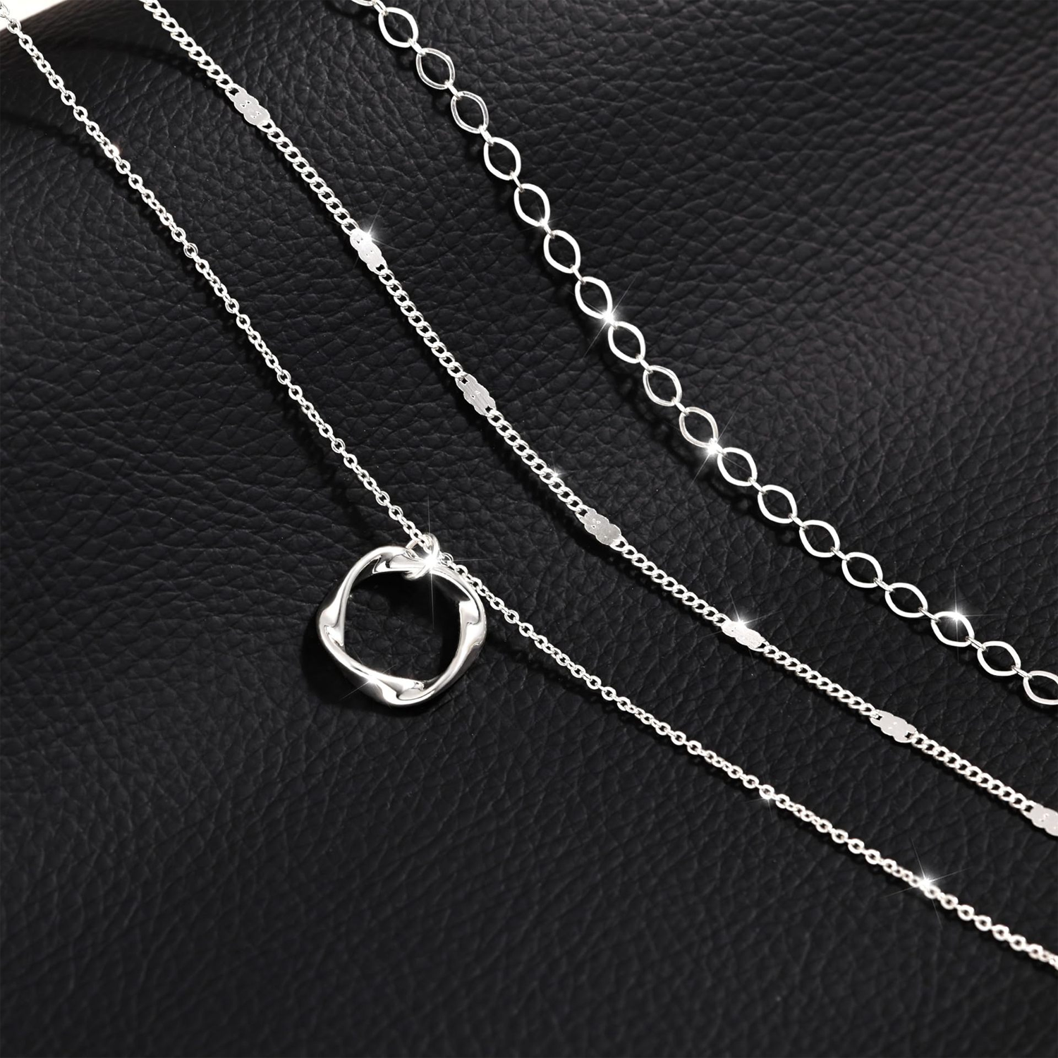 Layered Necklace for Women - 3 Layer Chain Necklace with Circle Pendant, Silver Tone