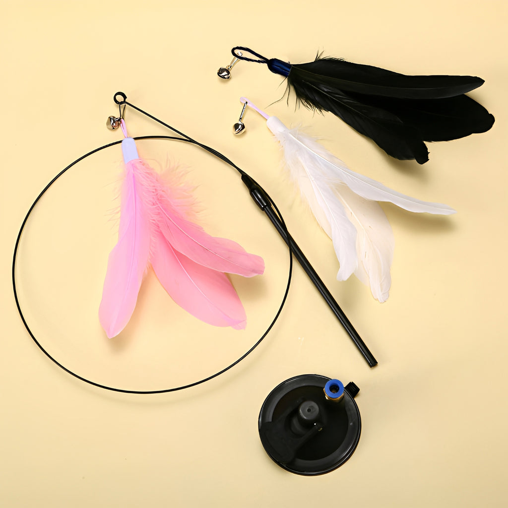 Cat Teaser Wand with Suction Cup - Interactive Feather Toy with Bell & Replaceable Heads