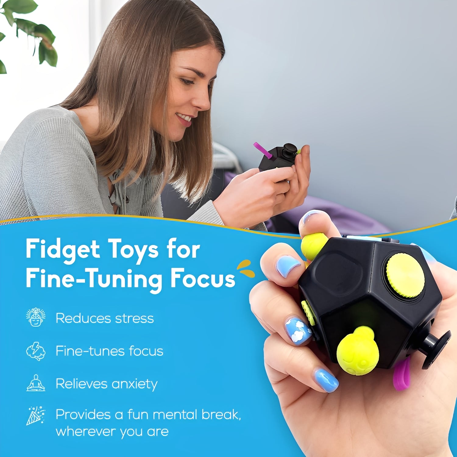12-Sided Fidget Cube - Anti Stress Relief Toy for Anxiety, ADHD, Autism | Sensory Fidget Toy for Kids & Adults