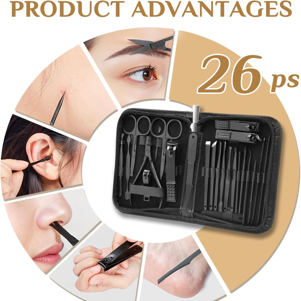 Professional Manicure Set - 26 Piece Stainless Steel Nail Care Kit with Luxury Travel Case