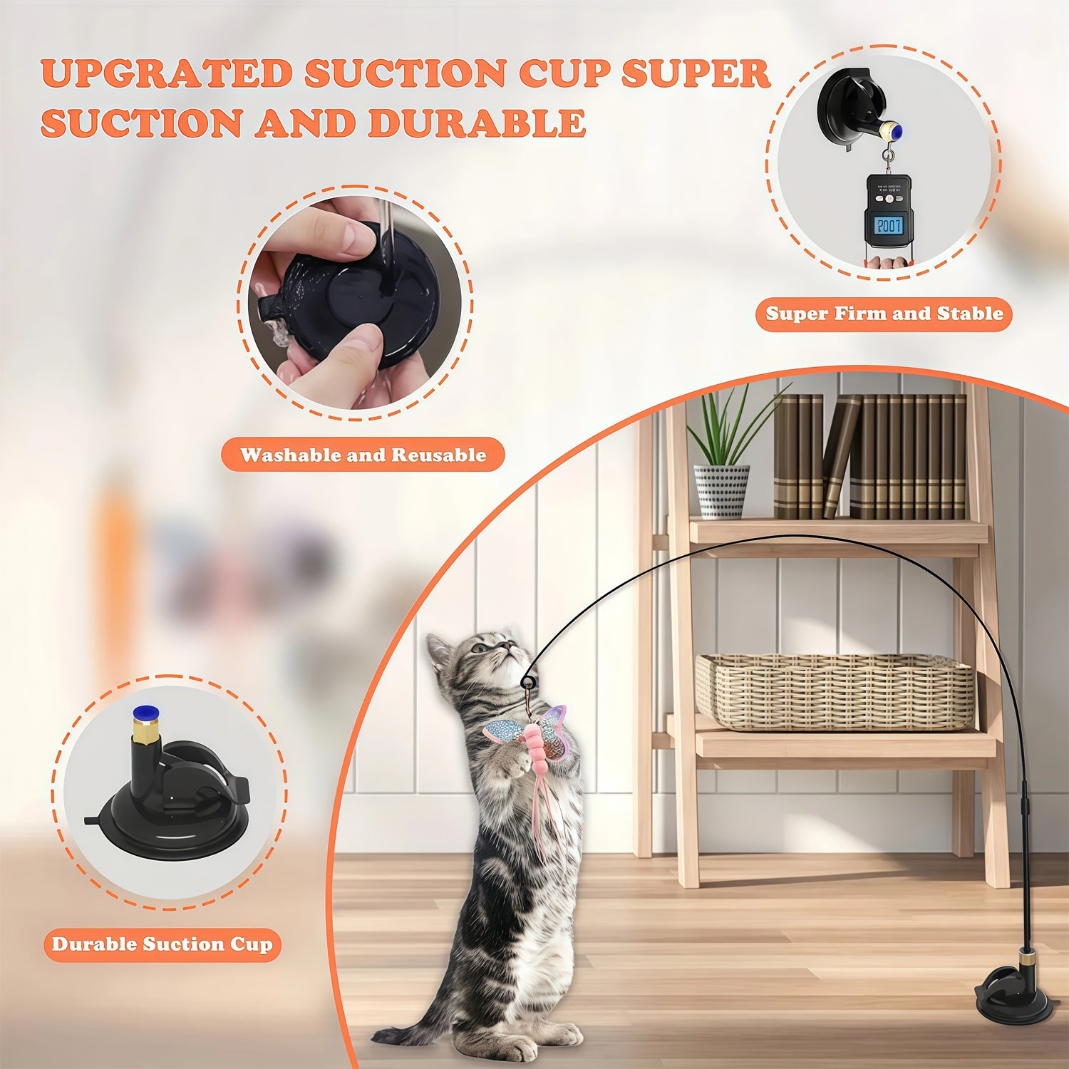Cat Teaser Wand with Suction Cup - Interactive Feather Toy with Bell & Replaceable Heads