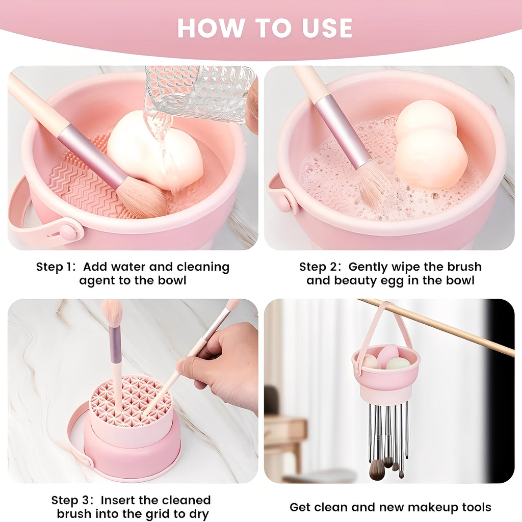 Makeup Brush Cleaner Mat 3 in 1 - Silicone Cleaning Bowl with Storage & Drying Organizer