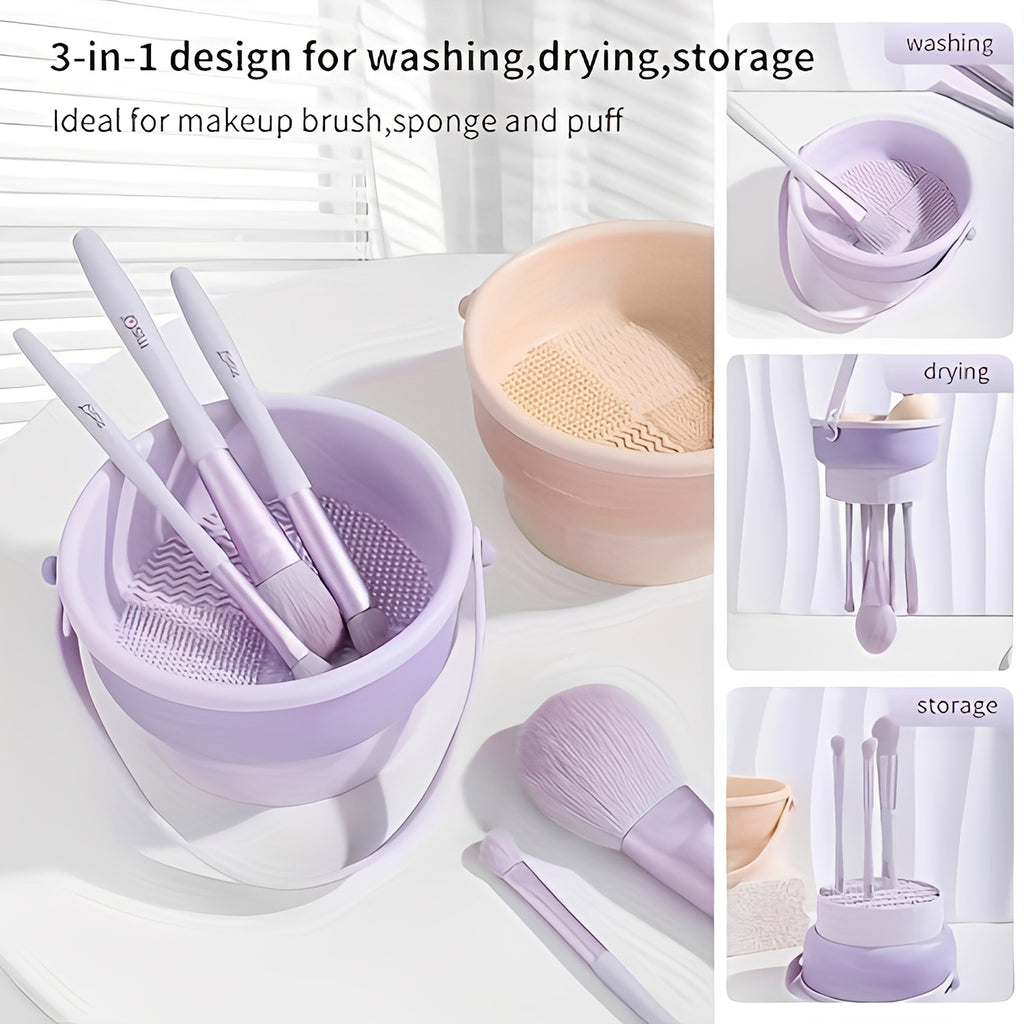 Makeup Brush Cleaner Mat 3 in 1 - Silicone Cleaning Bowl with Storage & Drying Organizer