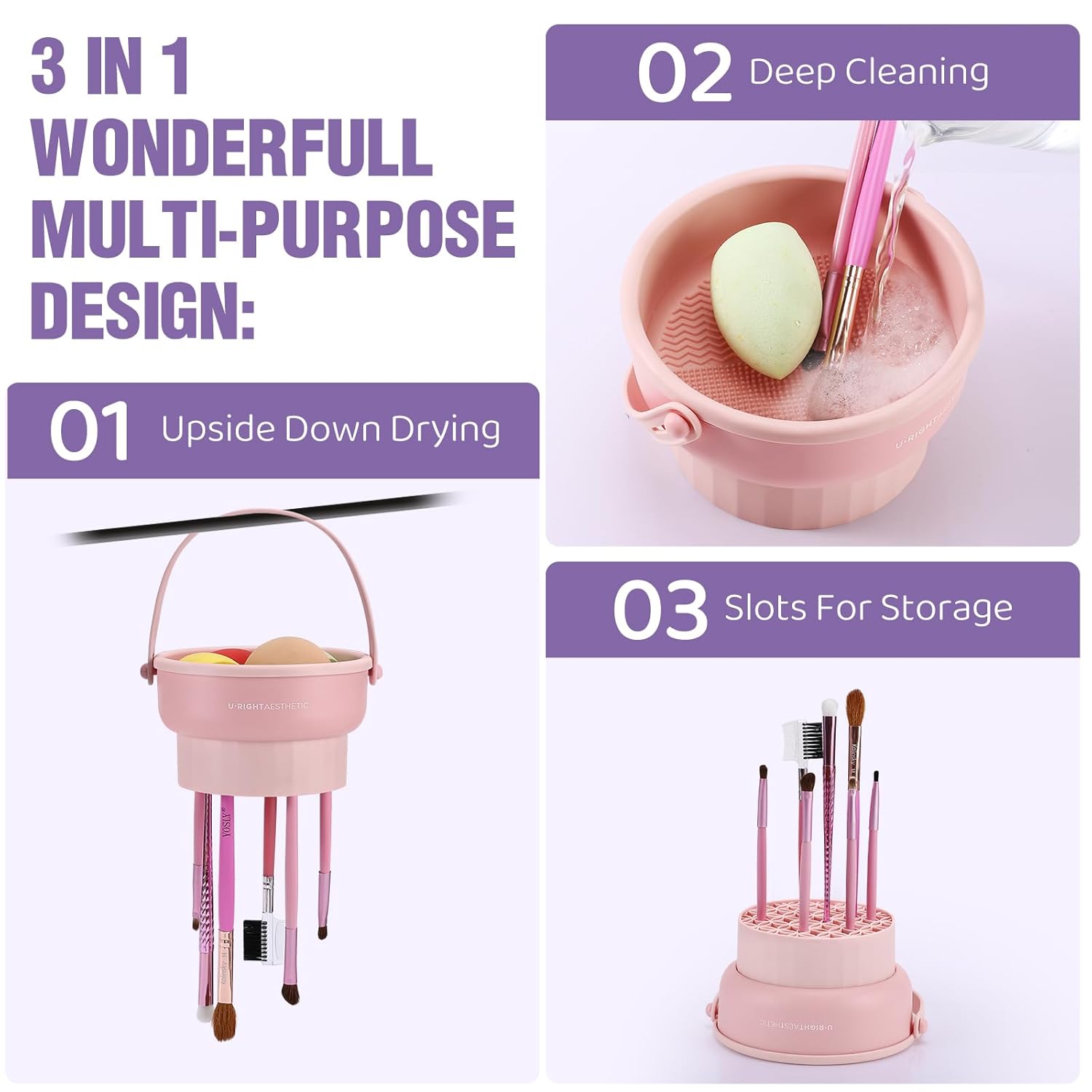 Makeup Brush Cleaner Mat 3 in 1 - Silicone Cleaning Bowl with Storage & Drying Organizer