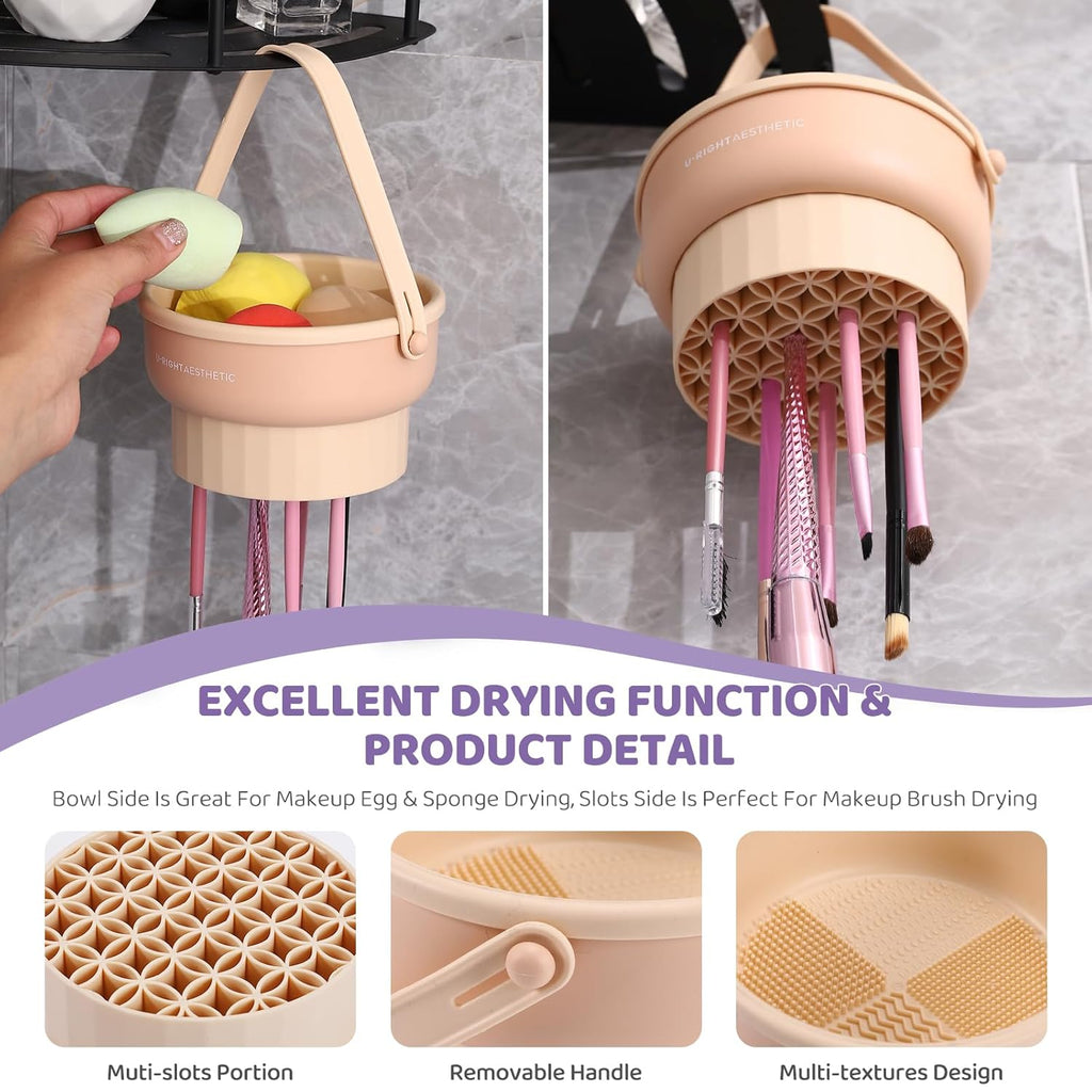 Makeup Brush Cleaner Mat 3 in 1 - Silicone Cleaning Bowl with Storage & Drying Organizer