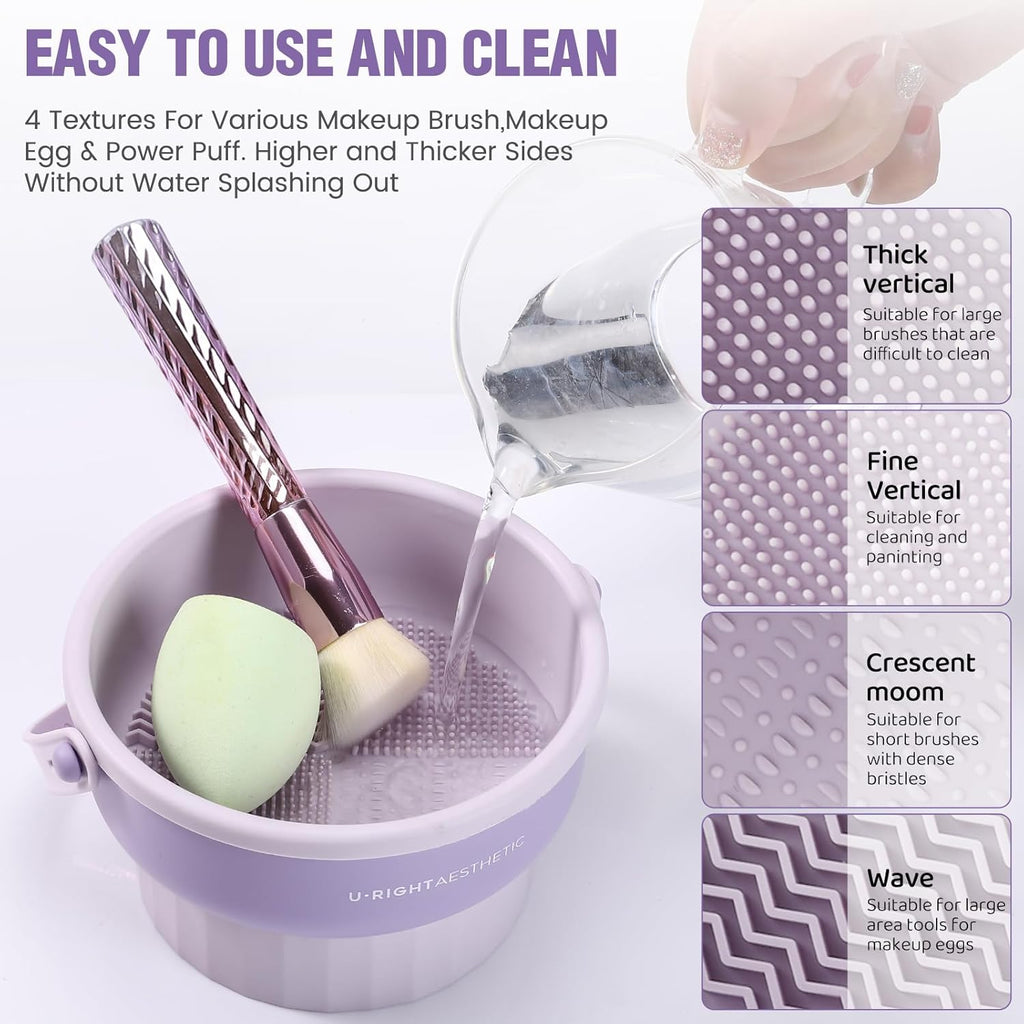 Makeup Brush Cleaner Mat 3 in 1 - Silicone Cleaning Bowl with Storage & Drying Organizer