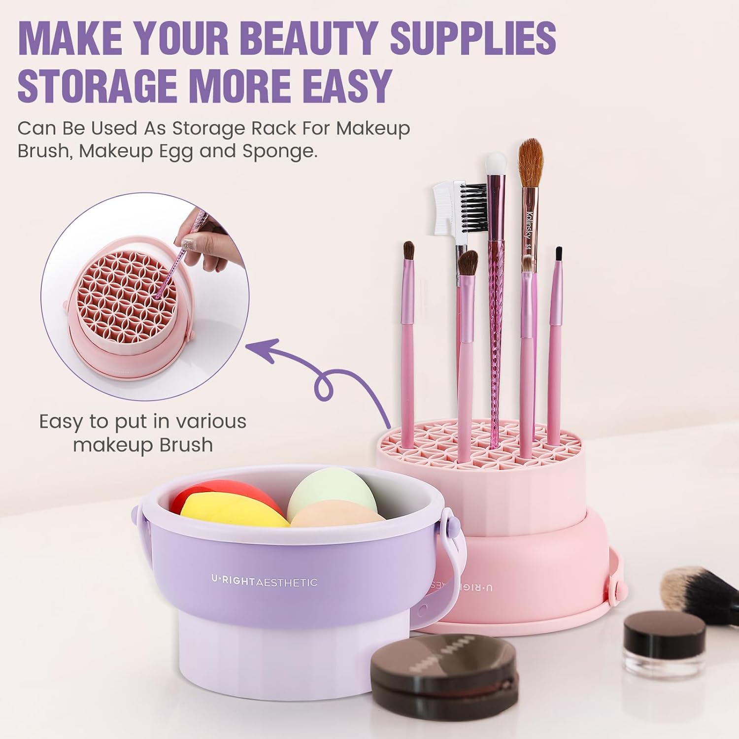 Makeup Brush Cleaner Mat 3 in 1 - Silicone Cleaning Bowl with Storage & Drying Organizer