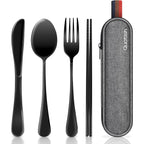 Yingboo Travel Utensils Set with Case - 5-Piece Stainless Steel Portable Cutlery for Work, Camping & Picnic (Black)