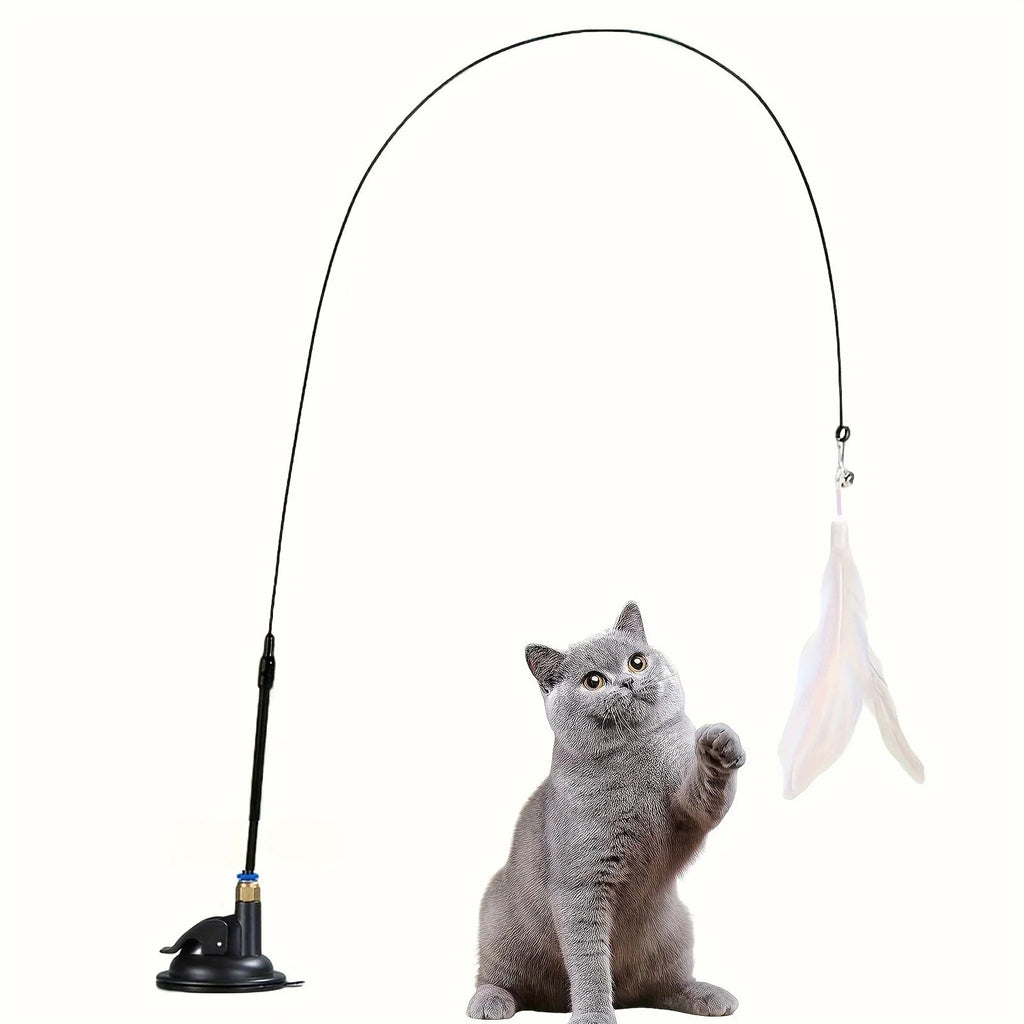 Cat Teaser Wand with Suction Cup - Interactive Feather Toy with Bell & Replaceable Heads