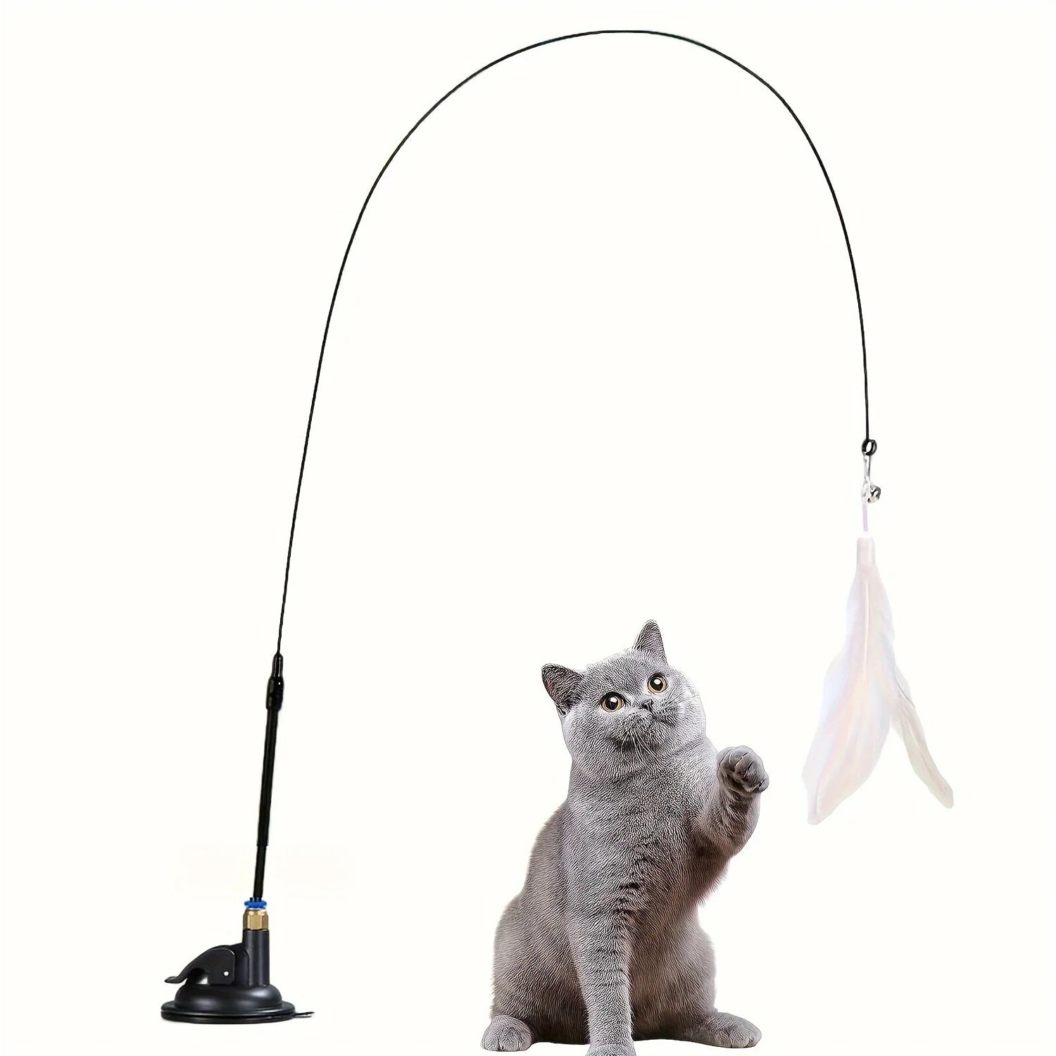 Cat Teaser Wand with Suction Cup - Interactive Feather Toy with Bell & Replaceable Heads