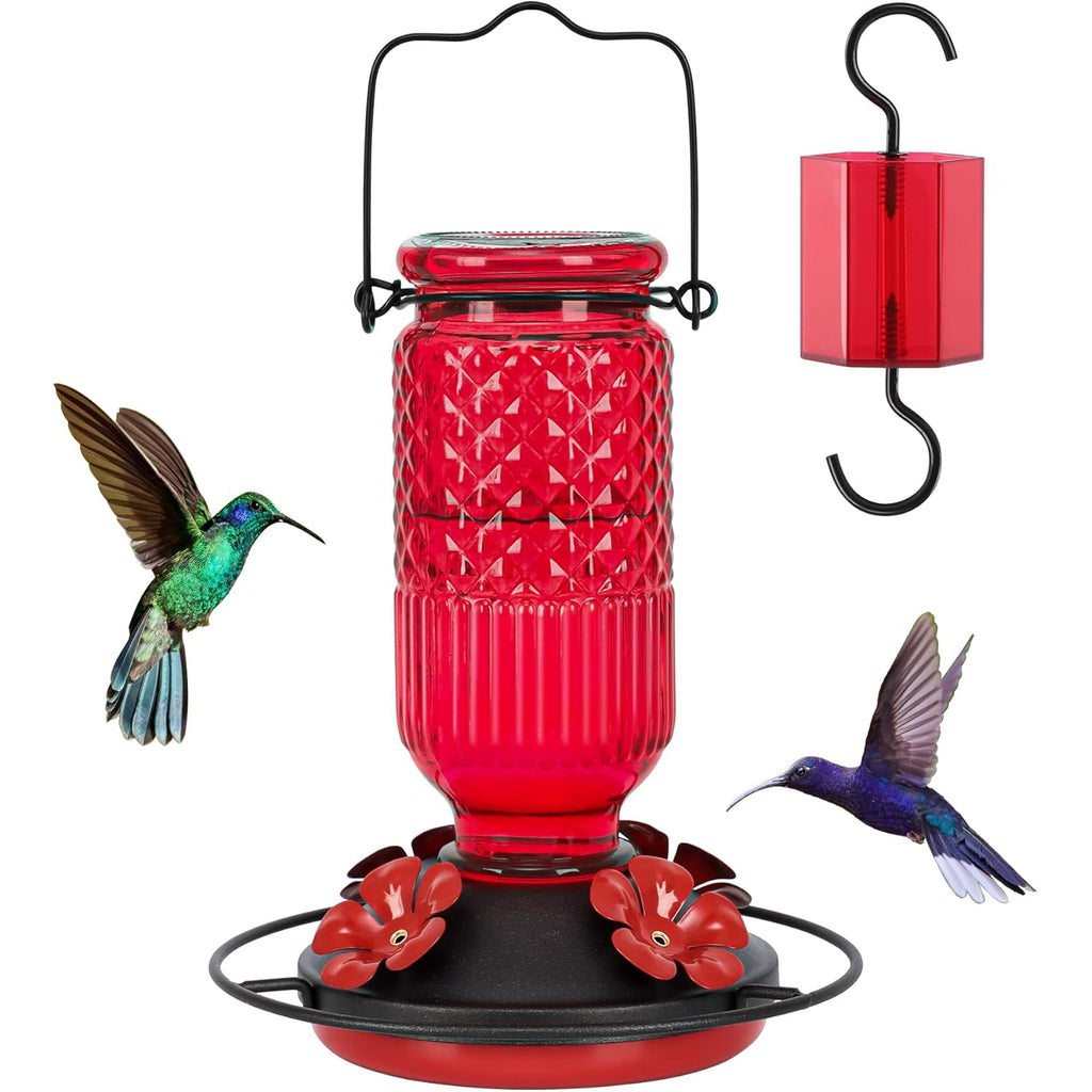 Yingboo Glass Hummingbird Feeder - 16 oz Outdoor Hanging Bird Feeder with Ant Moat & Bee Guards