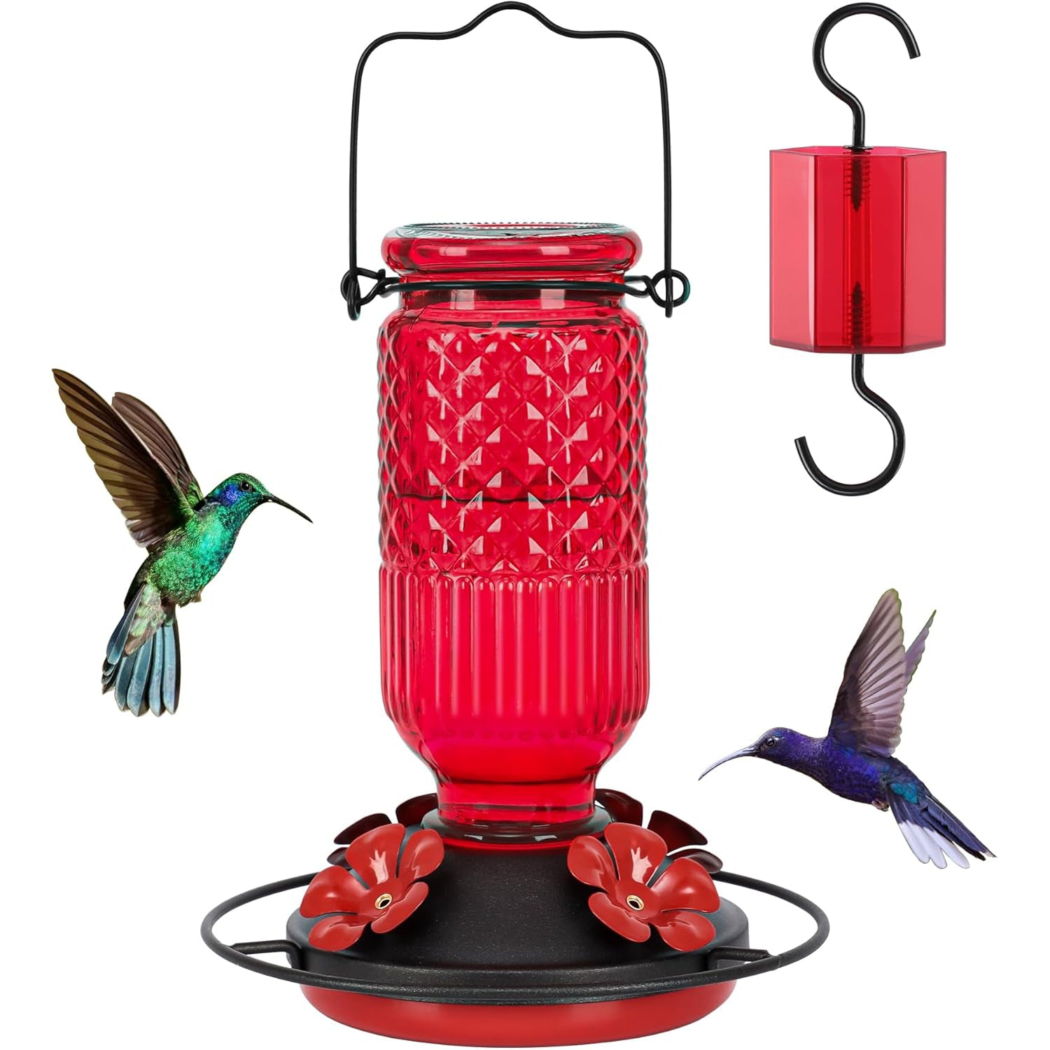 Yingboo Glass Hummingbird Feeder - 16 oz Outdoor Hanging Bird Feeder with Ant Moat & Bee Guards