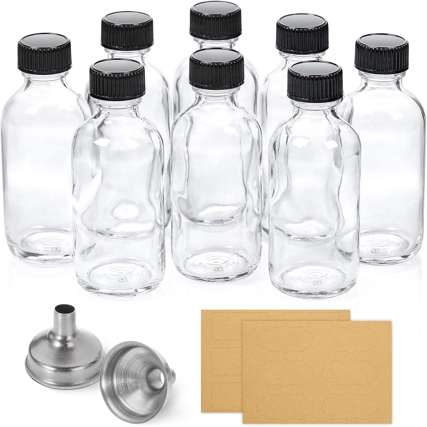 Small Clear Glass Bottles with Lids & Funnels - 60ml Boston Round Bottles for Essential Oils, Wellness Shots, Beauty Samples & Travel