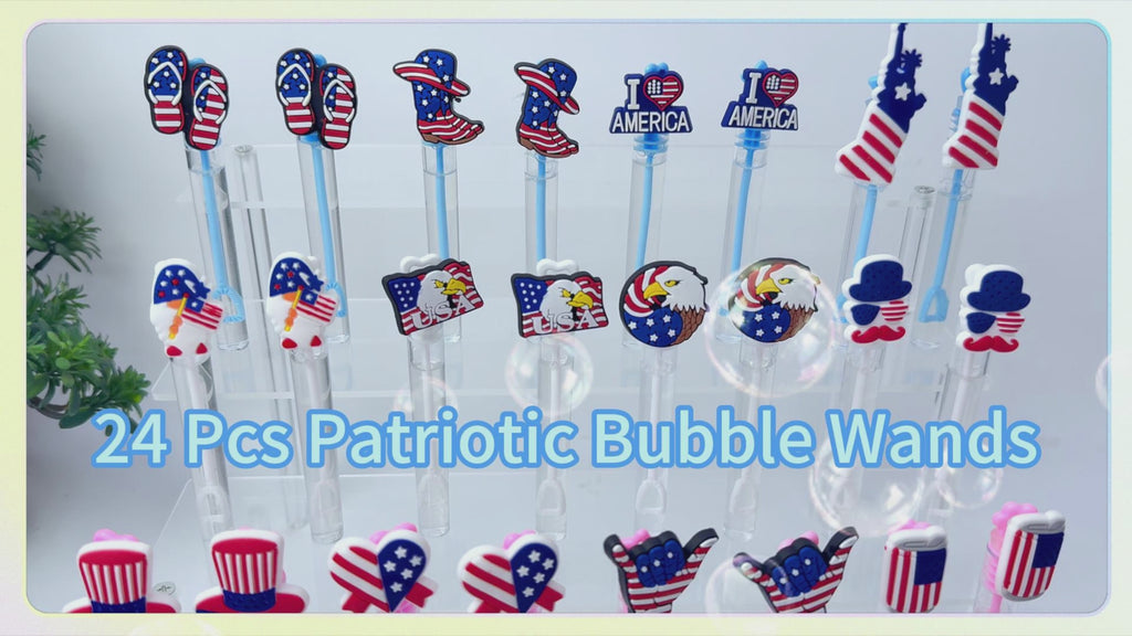 24 Pcs 4th of July Bubble Wands Bulk | Patriotic USA Red White Blue Mini Bubble Wands | Independence Day Party Favors, Goodie Bag Stuffers, Party Supplies, Patriotic Decorations