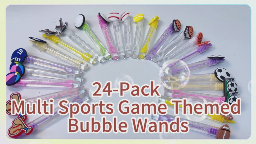 24 Pcs Multi-Sport Bubble Wands, Party Favors & Goodie Bag Fillers | Multi sport bubble wands with detachable ball game toppers for sports party favors, goodie bags and pinata stuffers.