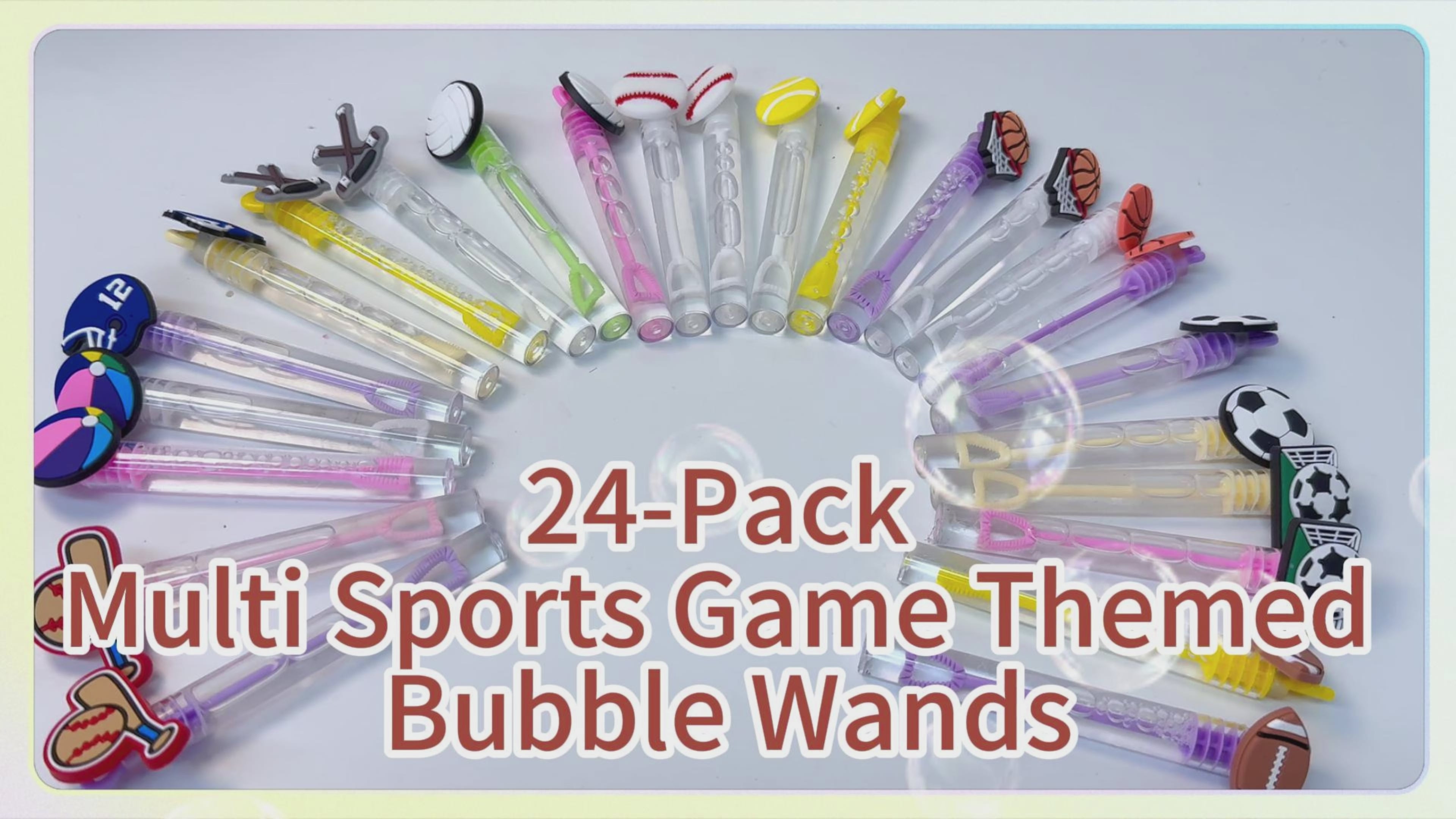 24 Pcs Multi-Sport Bubble Wands, Party Favors & Goodie Bag Fillers | Multi sport bubble wands with detachable ball game toppers for sports party favors, goodie bags and pinata stuffers.