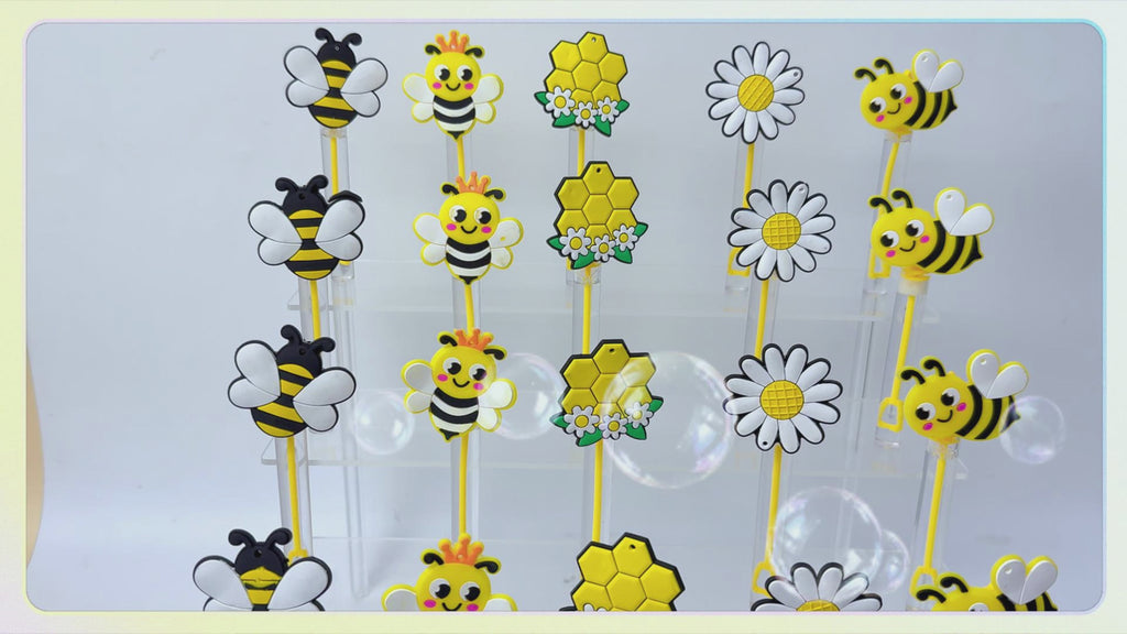 24 Pcs Bee Bubble Wands, Yellow Party Favors, Goodie Bag Fillers | Bee bubble wands with yellow tubes and detachable bee, daisy, honeycomb toppers for party favors and goodie bag fillers.