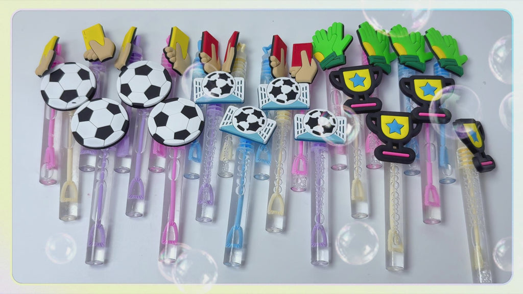 24 Pcs Soccer Bubble Wands, Soccer Party Favors & Goodie Bag Fillers | Soccer bubble wands with detachable toppers for soccer party favors, goodie bags, pinatas and match day decorations.