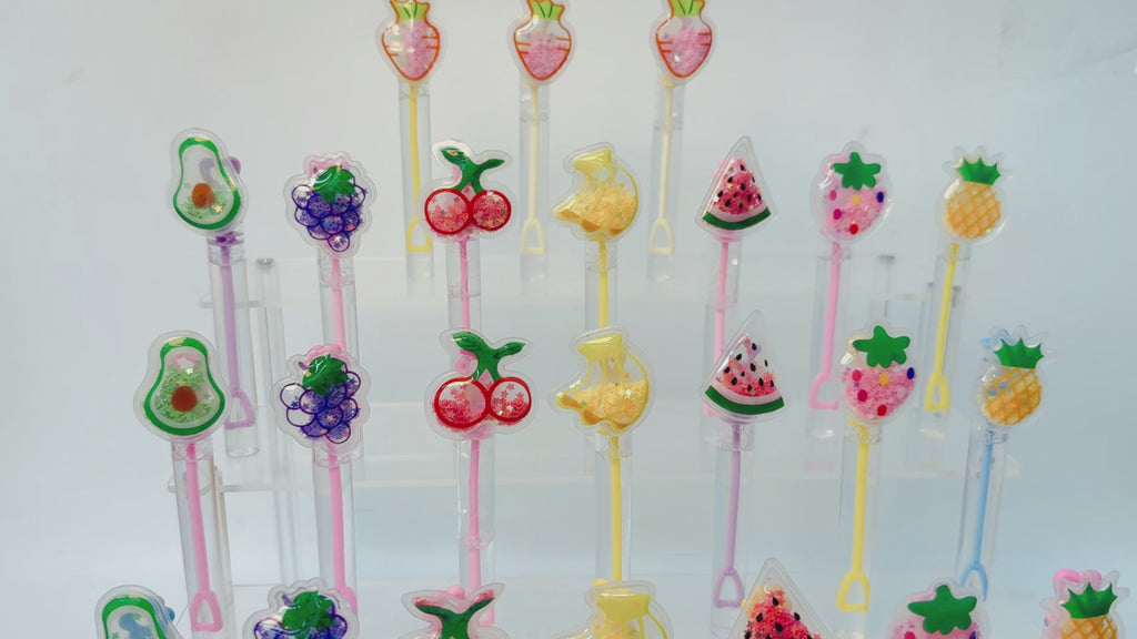 24 Pcs Fruit Shaped Bubble Wands, Party Favors, Goodie Bag Fillers | Fruit shaped clear shaker bubble wands with moving glitter toppers for party favors, goodie bag fillers and pinata stuffers