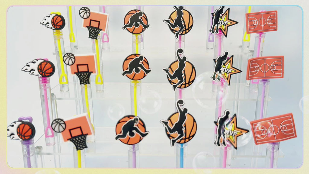 24 Pcs Basketball Bubble Wands, Party Favors, Goodie Bag Fillers | Six basketball topper designs and mixed tube colors bring sporty detail to favor bags, party tables, and game day events.