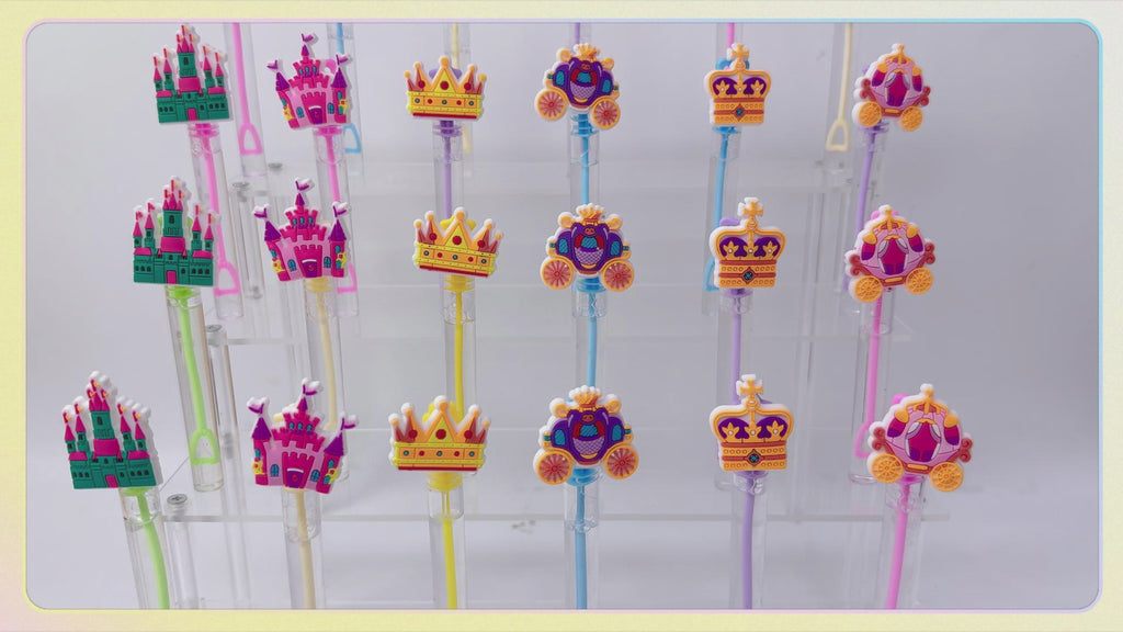 24 Pcs Princess Castle Bubble Wands, Birthday Party Favor Bag Fillers | Princess bubble wands with castle, crown and carriage toppers for birthday favors, goodie bag fillers and pinatas.