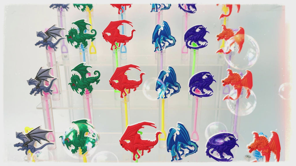 24Pcs Fantasy Dragon Bubble Wands Party Favors Goodie Bag Fillers | Six vivid winged dragon toppers with assorted tubes bring a bold fantasy look to birthdays, favor tables, and gift bags.
