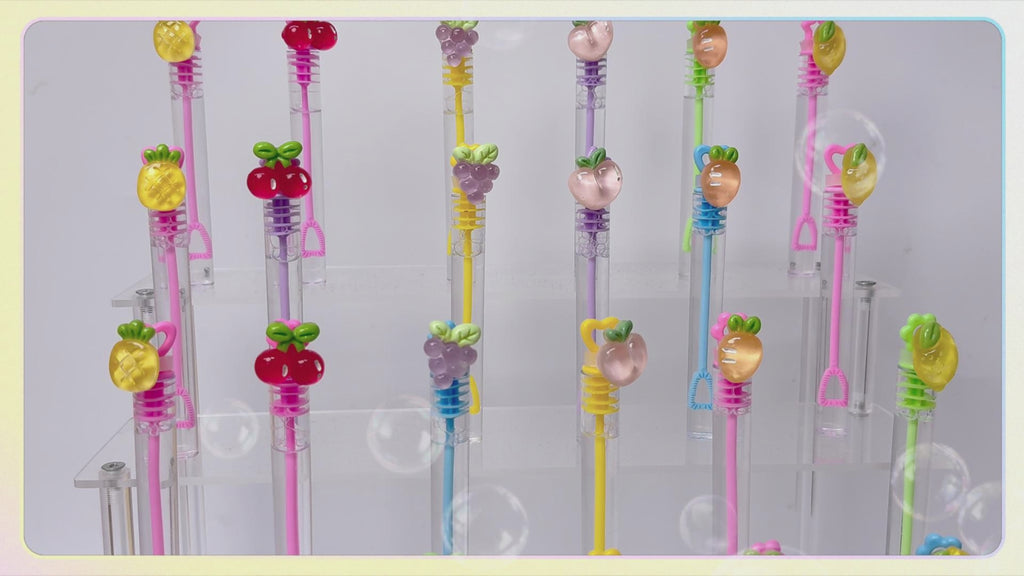 24 Pcs Fruit Bubble Wands, Birthday Party Favors, Goodie Bag Fillers | Fruit bubble wands with fruit-shaped resin toppers and random color tubes for birthday favors, goodie bags and pinatas.