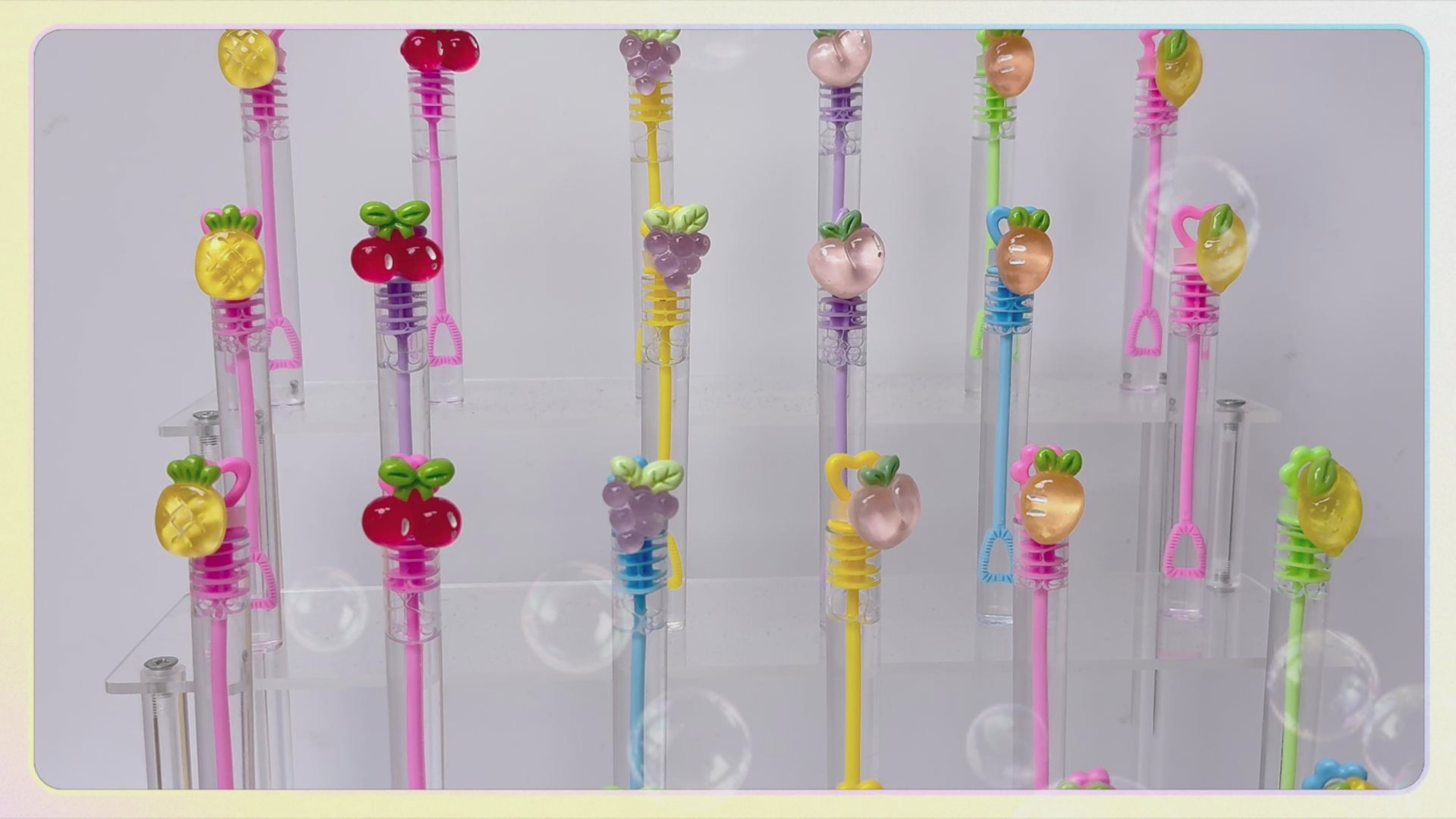24 Pcs Fruit Bubble Wands, Birthday Party Favors, Goodie Bag Fillers | Fruit bubble wands with fruit-shaped resin toppers and random color tubes for birthday favors, goodie bags and pinatas.