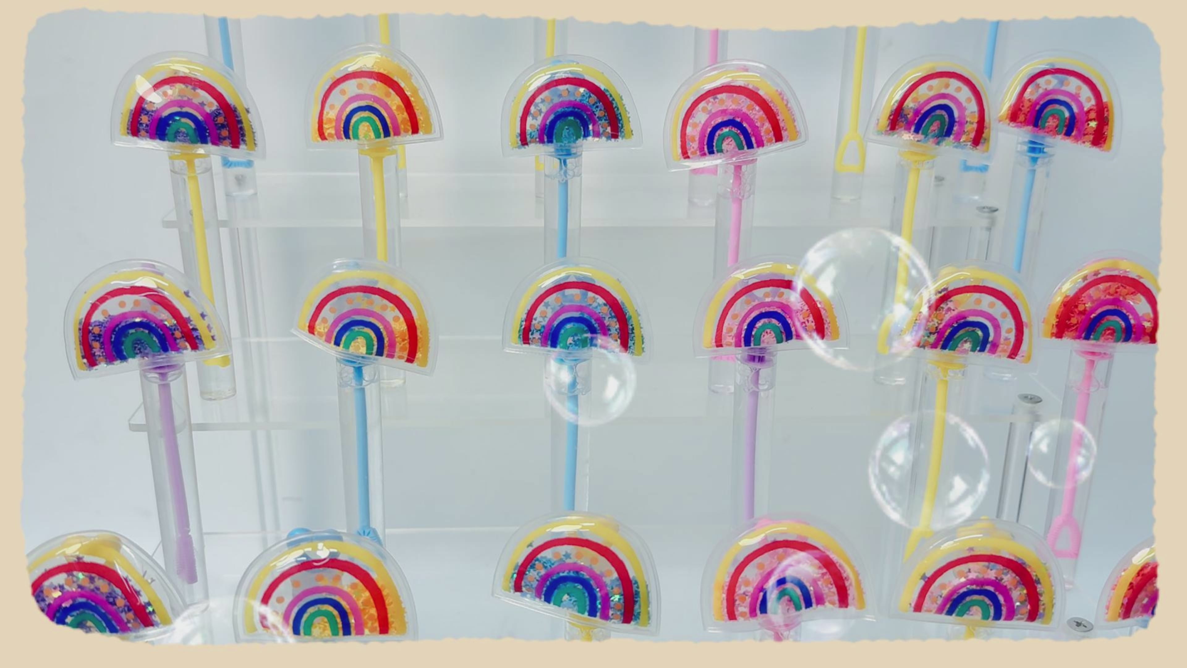 24 Pcs Rainbow Shaker Bubble Wands, Party Favors, Goodie Bag Fillers | Rainbow shaker bubble wands with clear moving glitter toppers for party favors, goodie bag fillers and party bag fillers