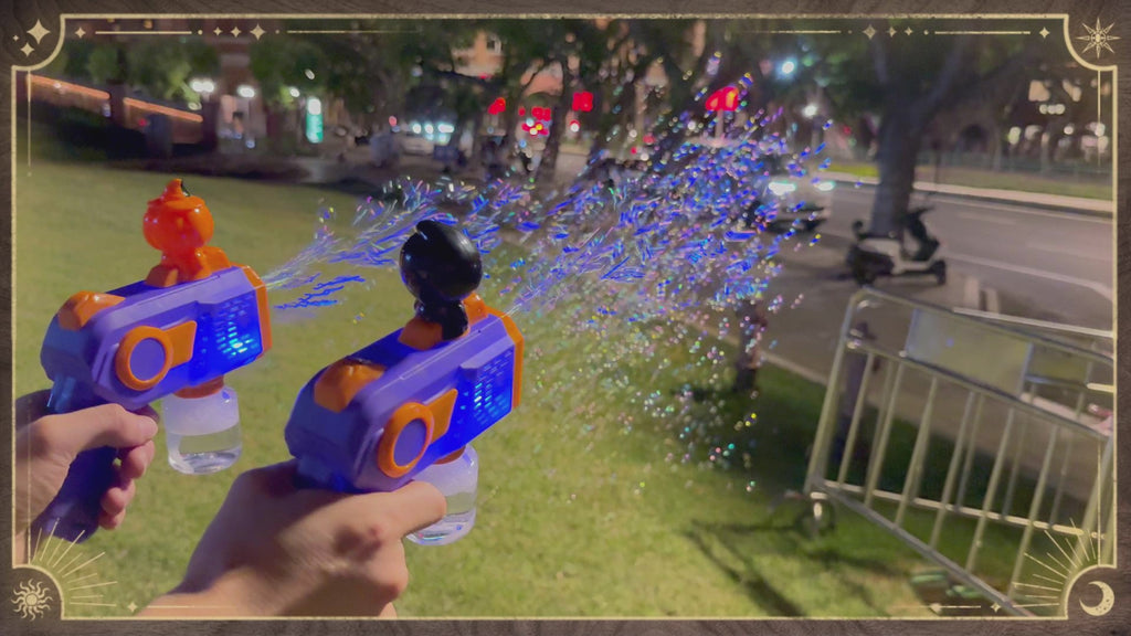 2PCS Halloween Bubble Gun Set, 8-Hole Automatic Bubble Blowers with Light | Two Halloween bubble gun designs with 8-hole output, light effects, refill bottles and trigger operation for party setups.