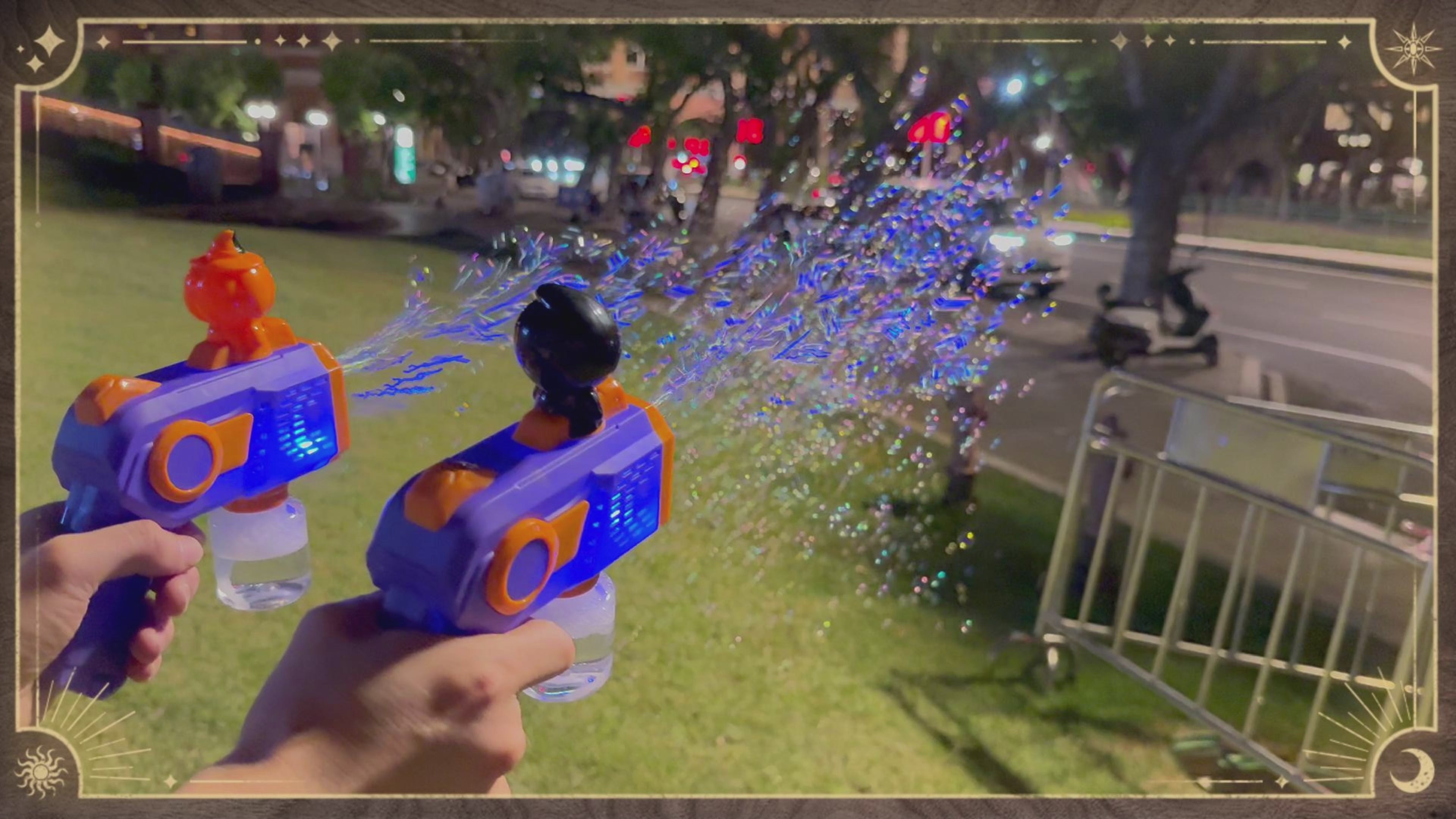 2PCS Halloween Bubble Gun Set, 8-Hole Automatic Bubble Blowers with Light | Two Halloween bubble gun designs with 8-hole output, light effects, refill bottles and trigger operation for party setups.