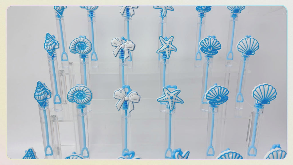24 Pcs Ocean Bubble Wands, Seashell Party Favors, Goodie Bag Fillers | Ocean bubble wands with seashell toppers and blue tubes for birthday favors, goodie bags, pinatas and beach parties.