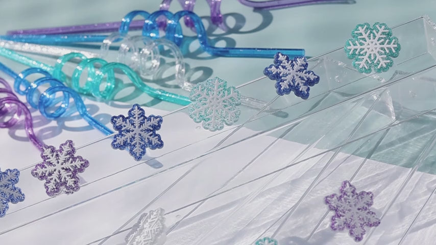 24Pcs Glitter Frozen Snowflake Straws – Reusable Plastic Party Straws, 4 Colors