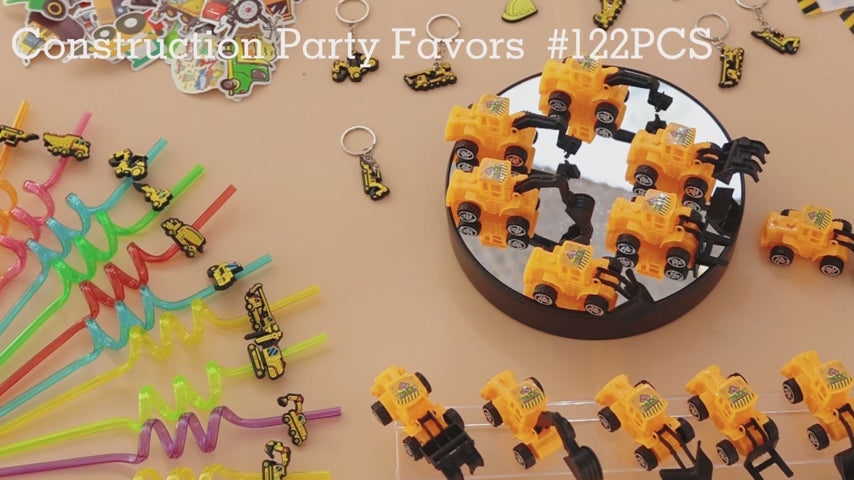 122 Pcs Construction Party Favors Set – Toy Trucks, Goodie Bags, Stickers, Keychains & More | Birthday Party Supplies for Construction Themed Parties