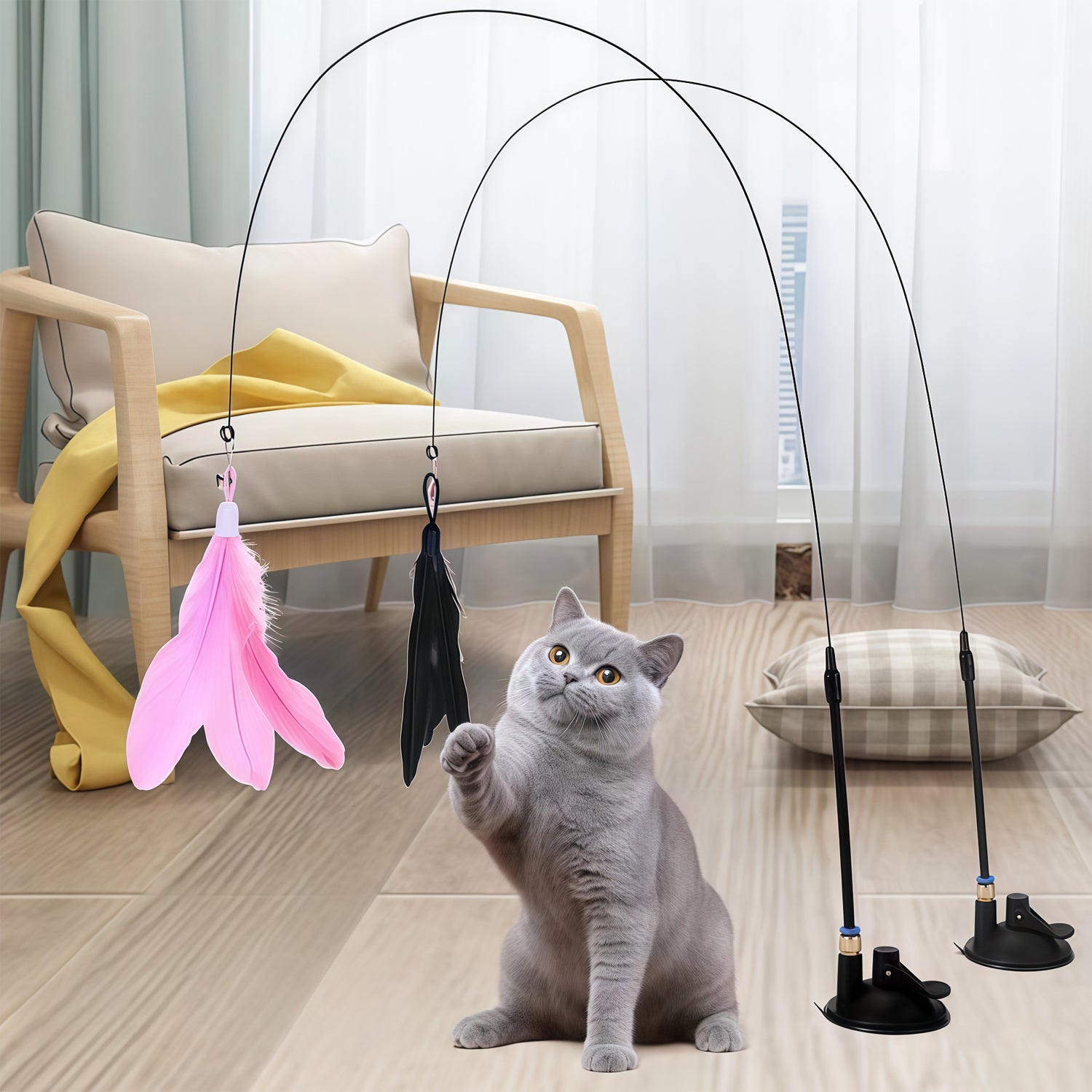 Cat Teaser Wand with Suction Cup - Interactive Feather Toy with Bell & Replaceable Heads
