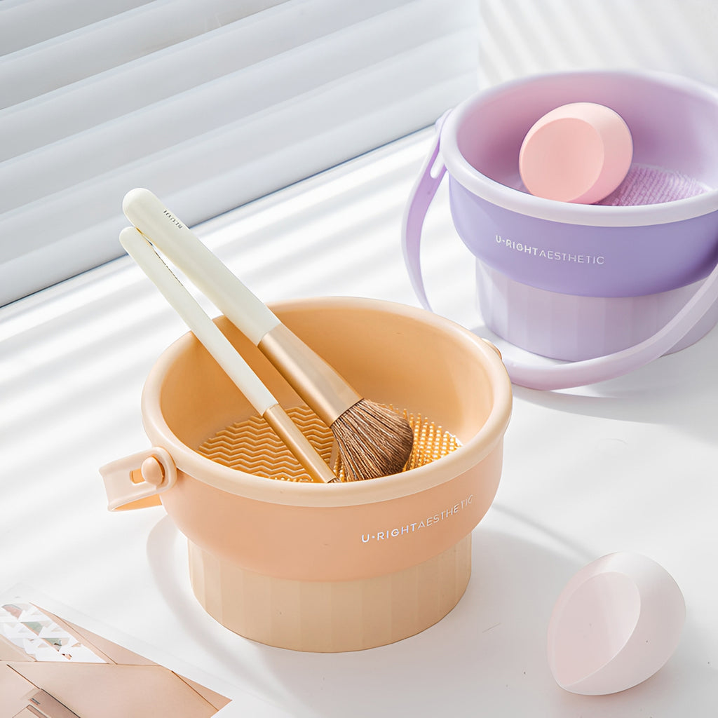 Makeup Brush Cleaner Mat 3 in 1 - Silicone Cleaning Bowl with Storage & Drying Organizer